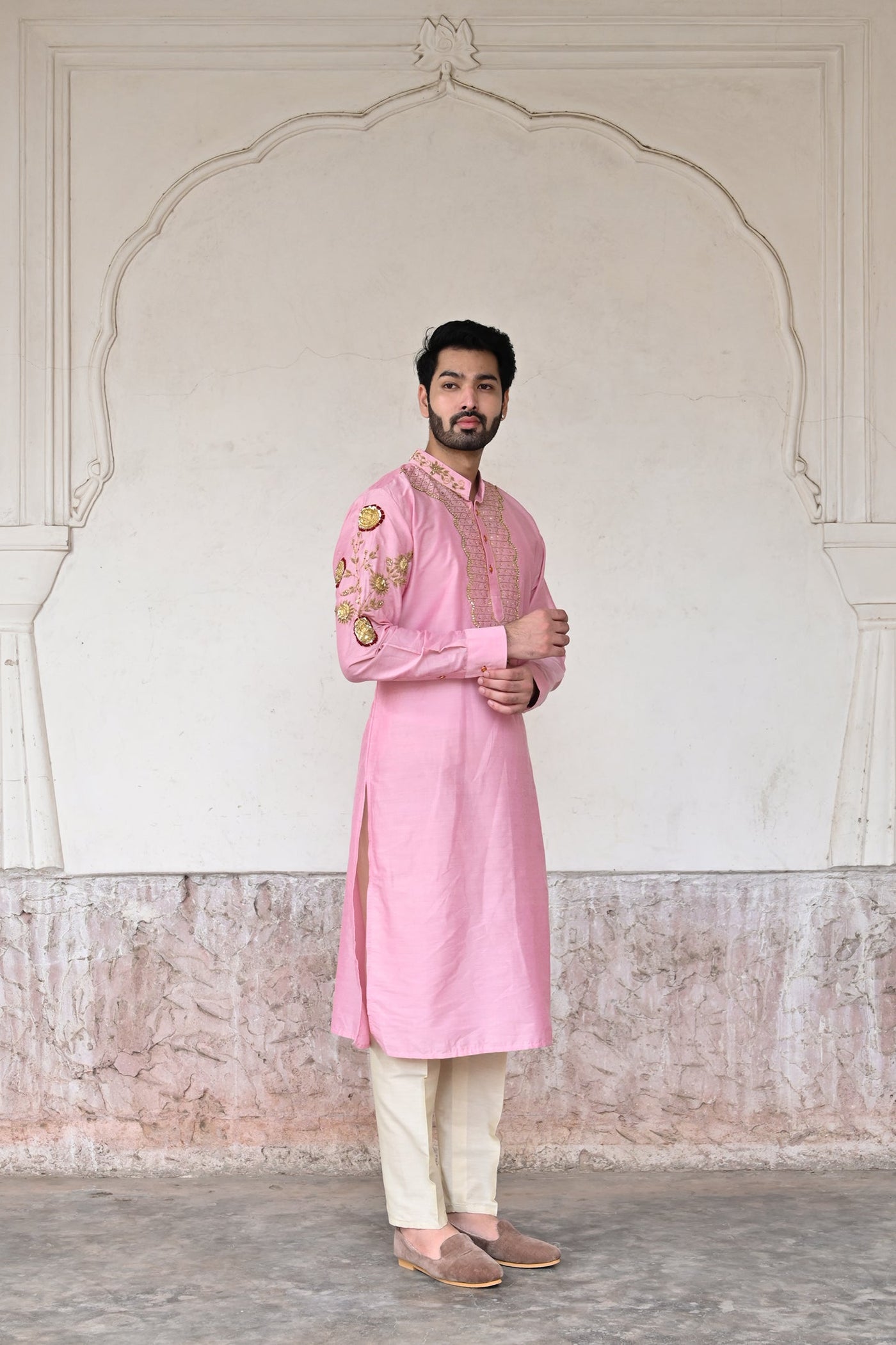 High-quality designer pink Chanderi silk kurta set