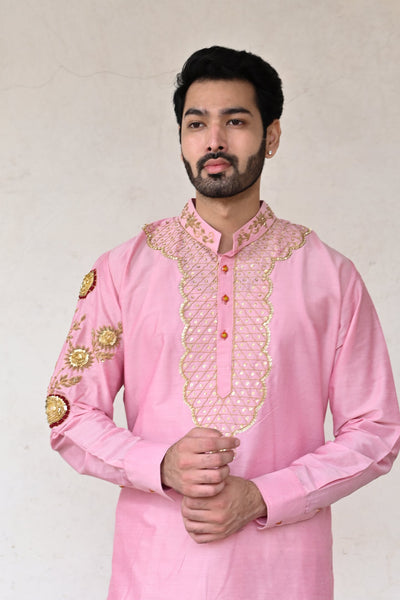 Men's kurta set in pink Chanderi silk