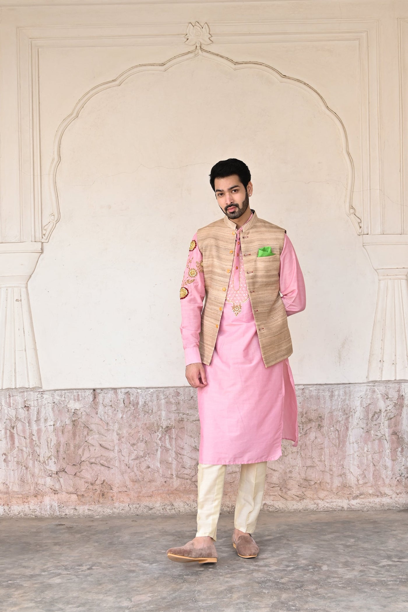 pink Chanderi silk kurta set with sequin work for men's ethnic wear