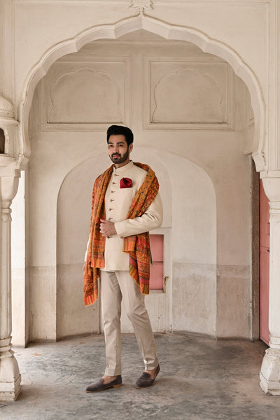 Luxury designer Bandhgala suit in beige cotton for men