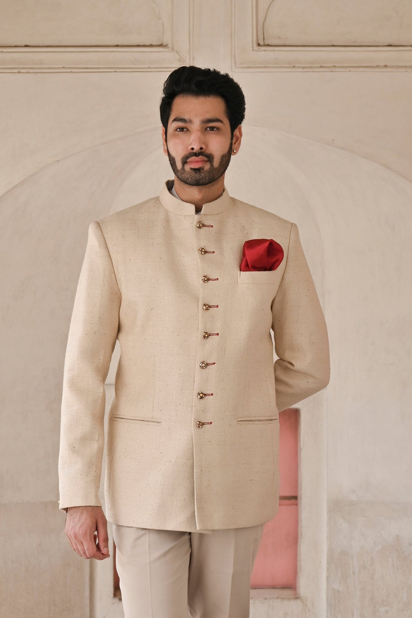 Men's Bandhgala suit in Indian designer beige cotton