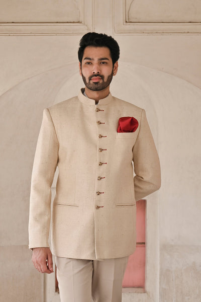 Men's Bandhgala suit in Indian designer beige cotton