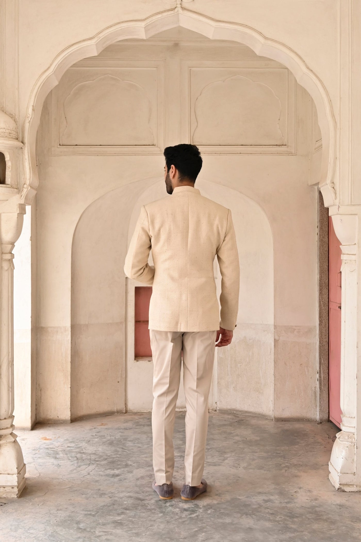 Designer menswear suit in beige cotton fabric