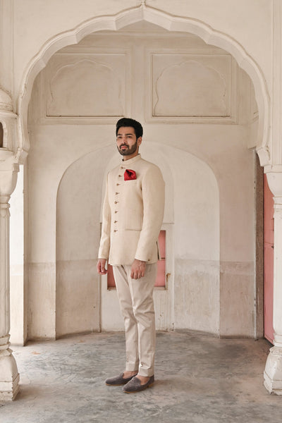 Buy beige cotton Bandhgala suit for men online