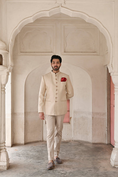 Beige cotton Bandhgala suit for men online