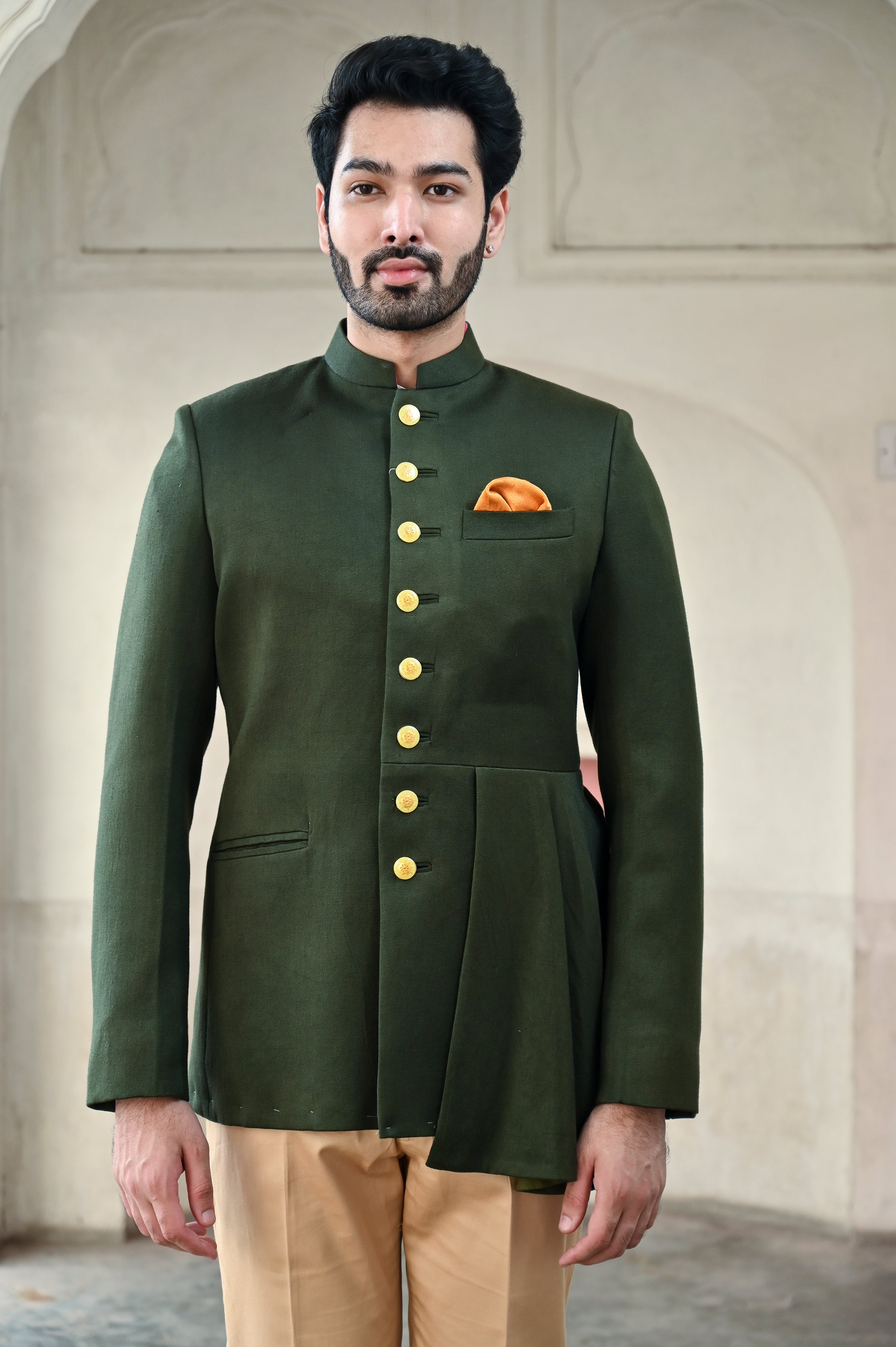 Men's Jodhpuri suit in dark green color