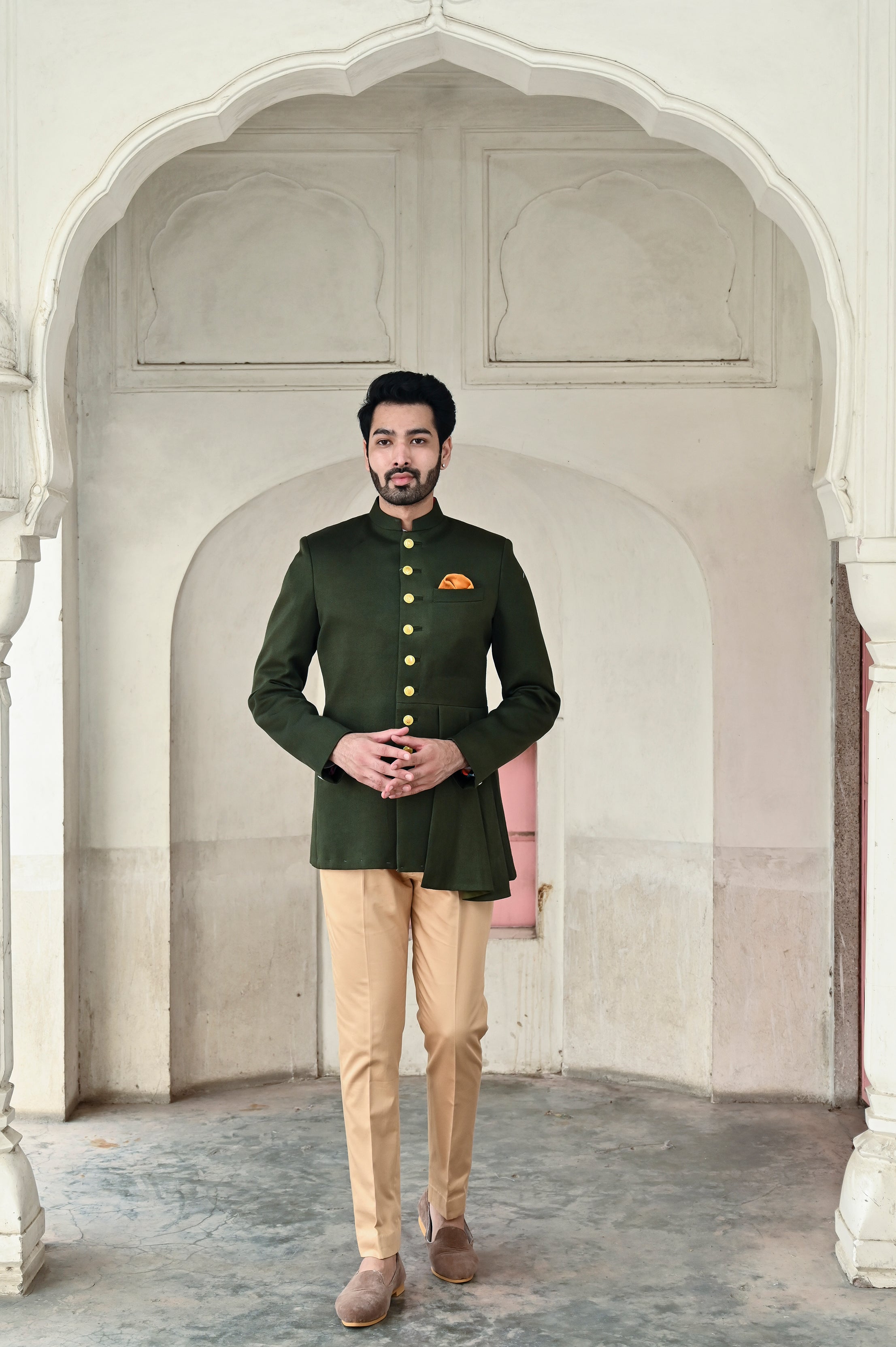 Indian Bandhgala suit in dark emerald green