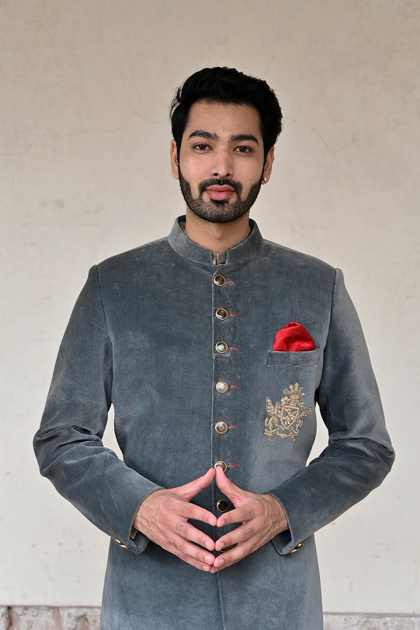 Designer steel blue suede groom sherwani online