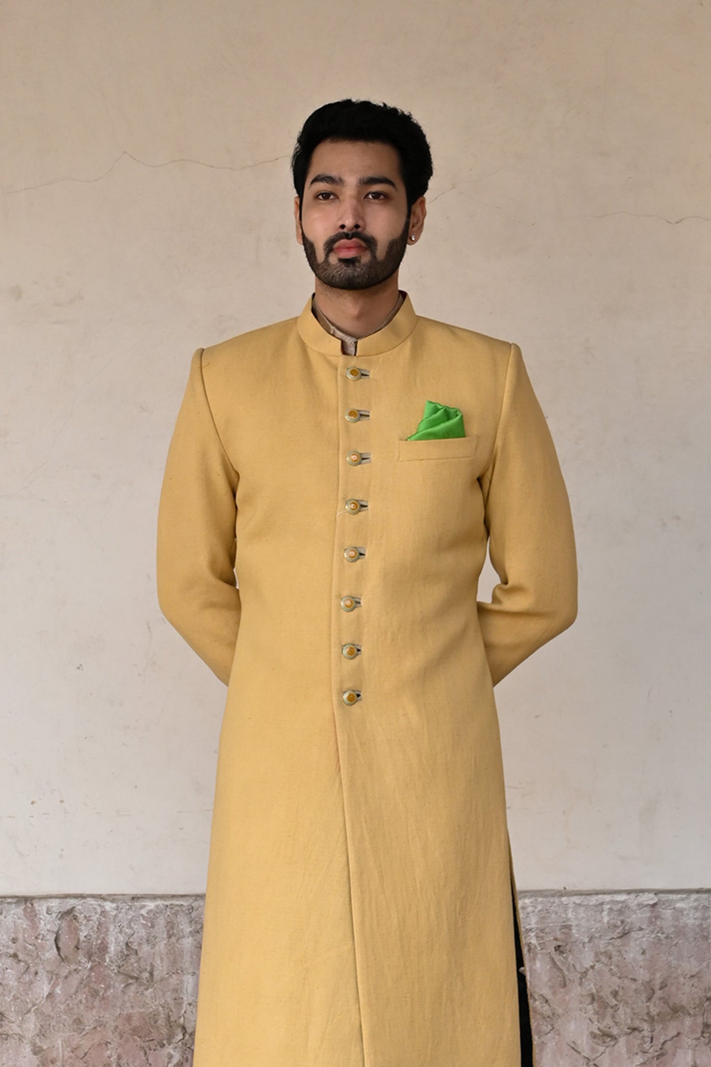 Designer cotton pale yellow sherwani men online