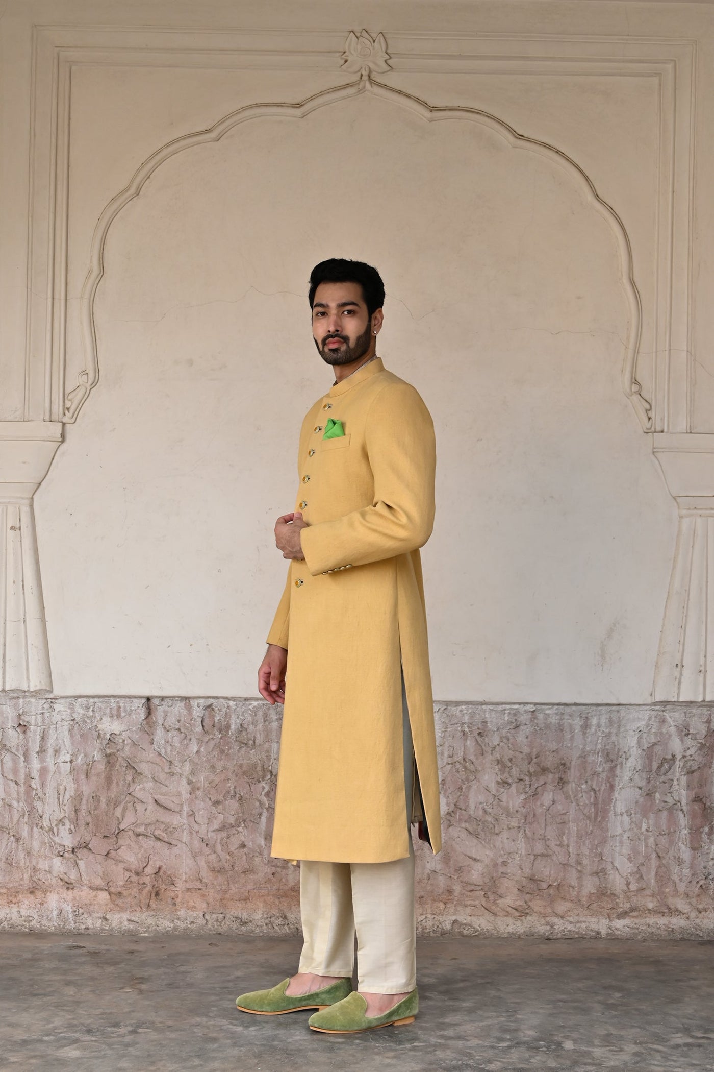 Online pale yellow designer sherwani for men 