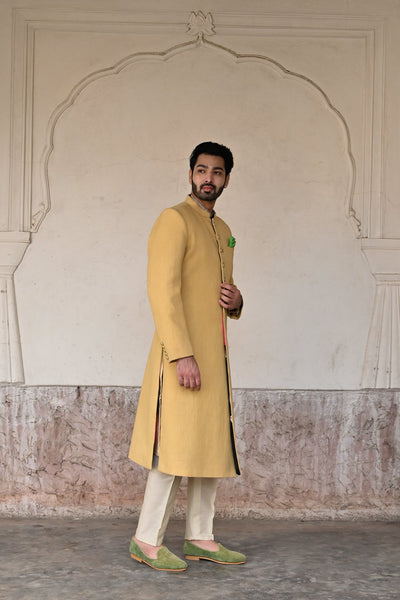High-quality pale yellow cotton wedding sherwani for men online