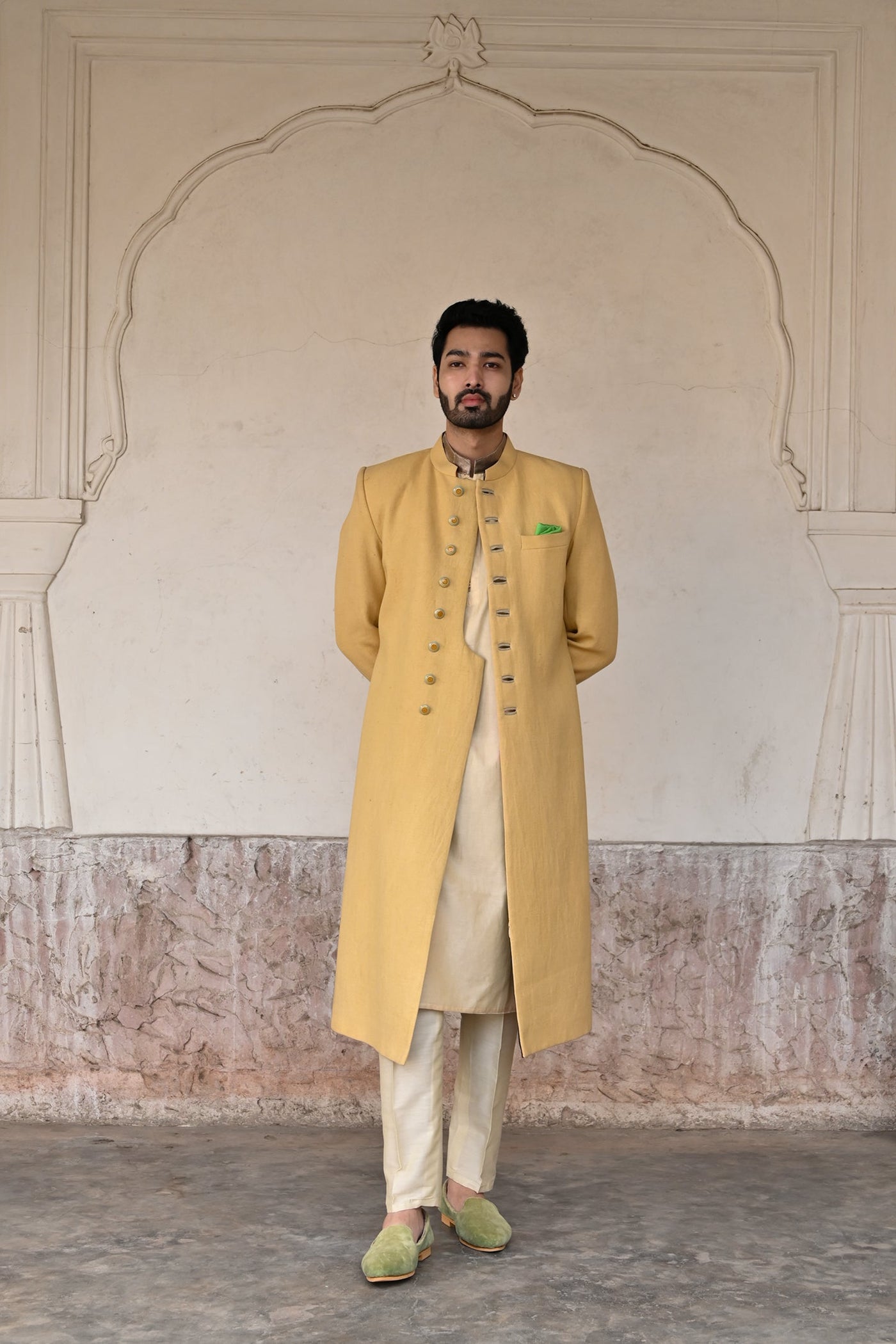 Elegant pale yellow groom designer sherwani online