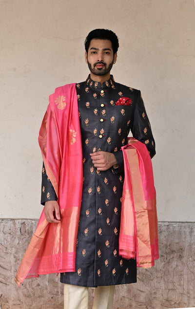 High-quality steel grey groom sherwani online