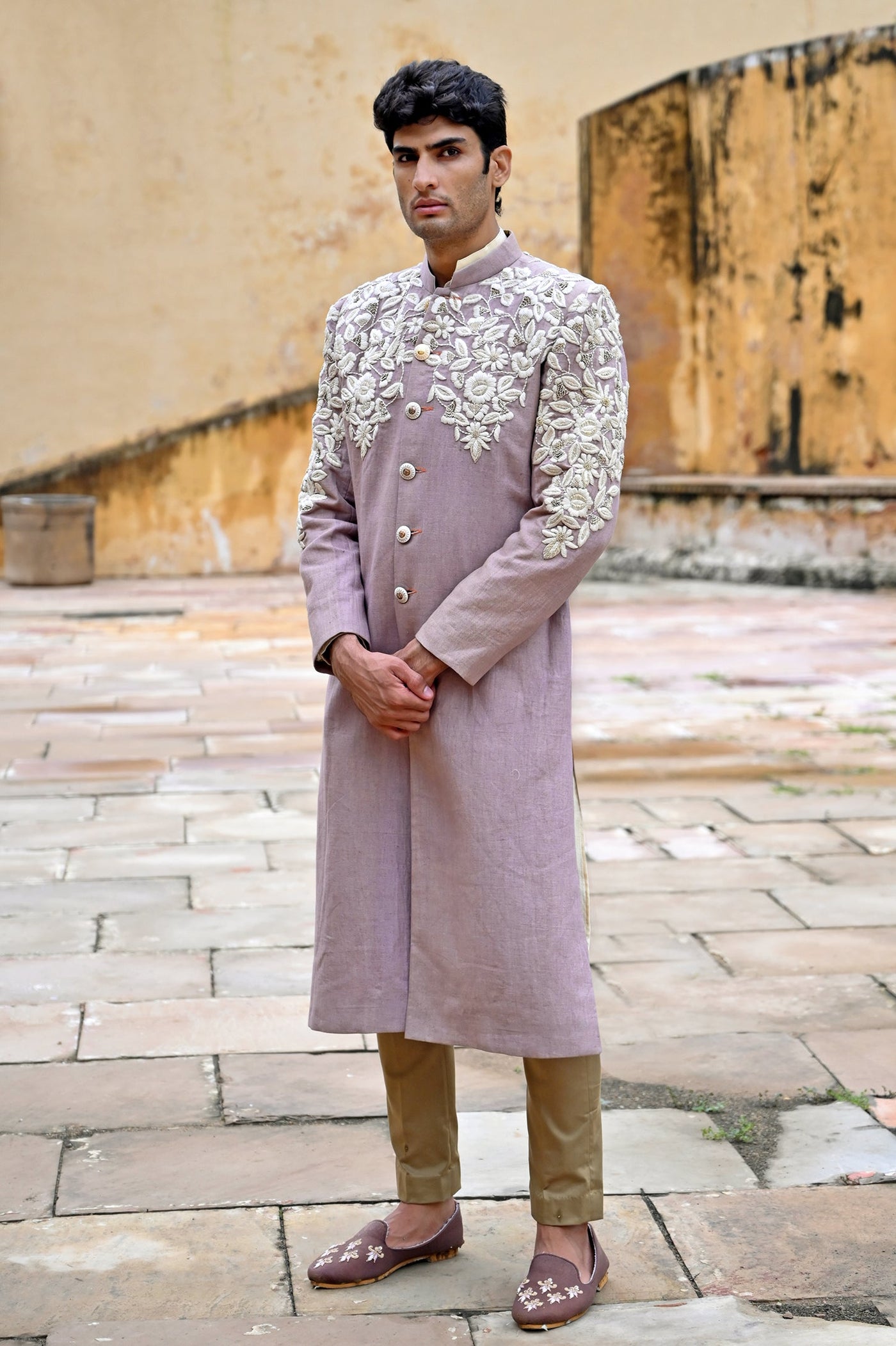 Luxury Designer Linen light purple Sherwani for groom