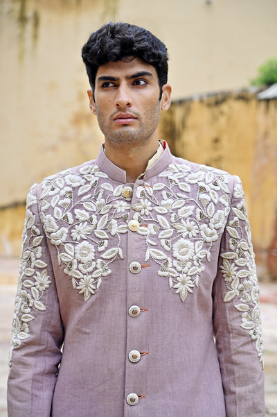 Groom Sherwani Ensemble in Light Purple with zardozi work