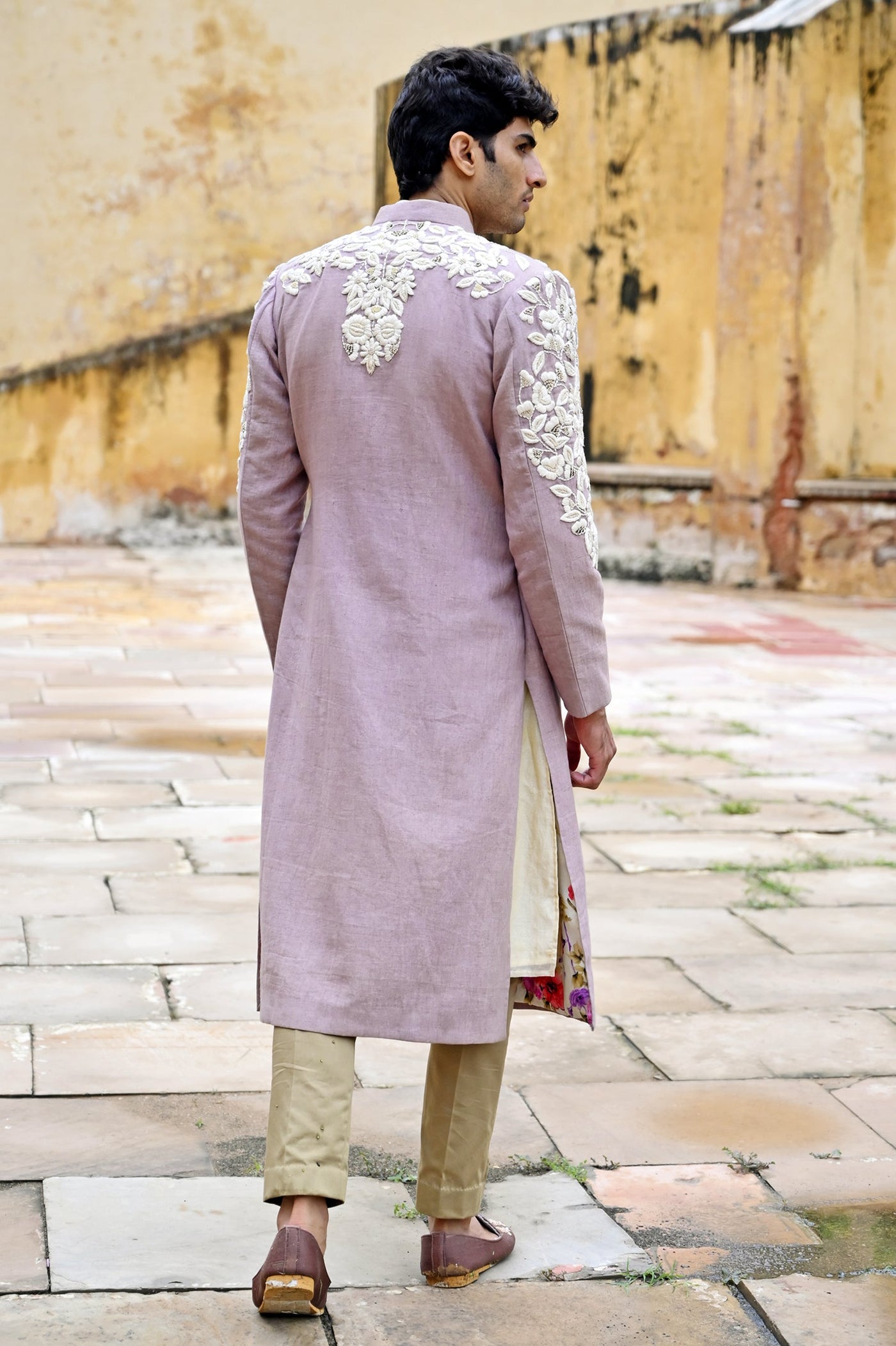 Linen Sherwani set for Groom in light purple