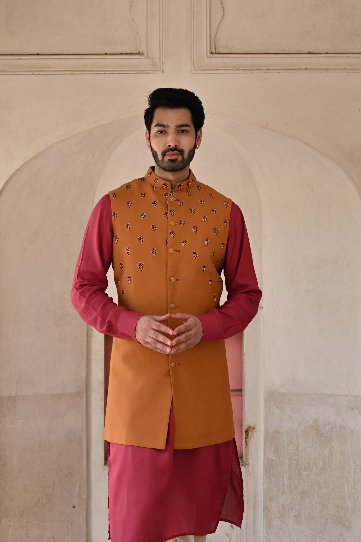 Rust orange Nehru jacket latest designs