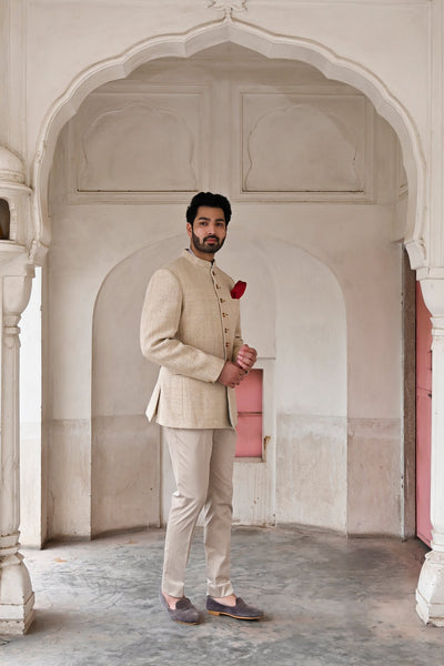 Premium off-white Bandhgala suit for men