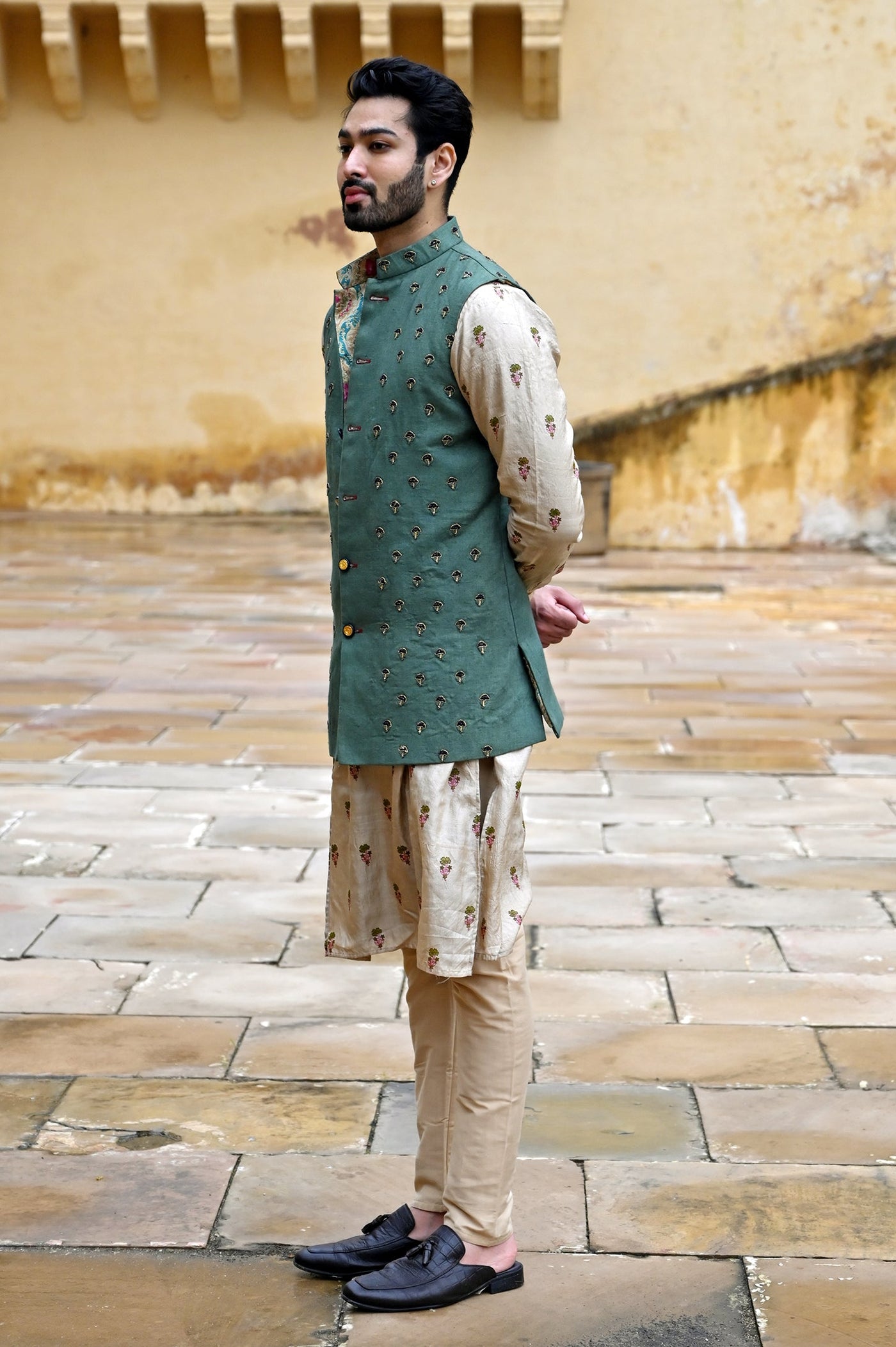 Luxury men's green Nehru jackets online shopping in India
