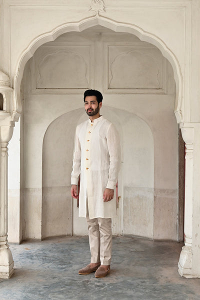 Designer white linen kurta set for men's ethnic wear