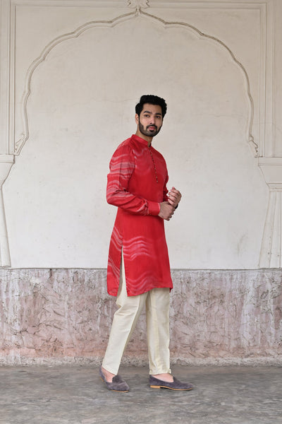 red tie-dye kurta set in Chanderi silk for men