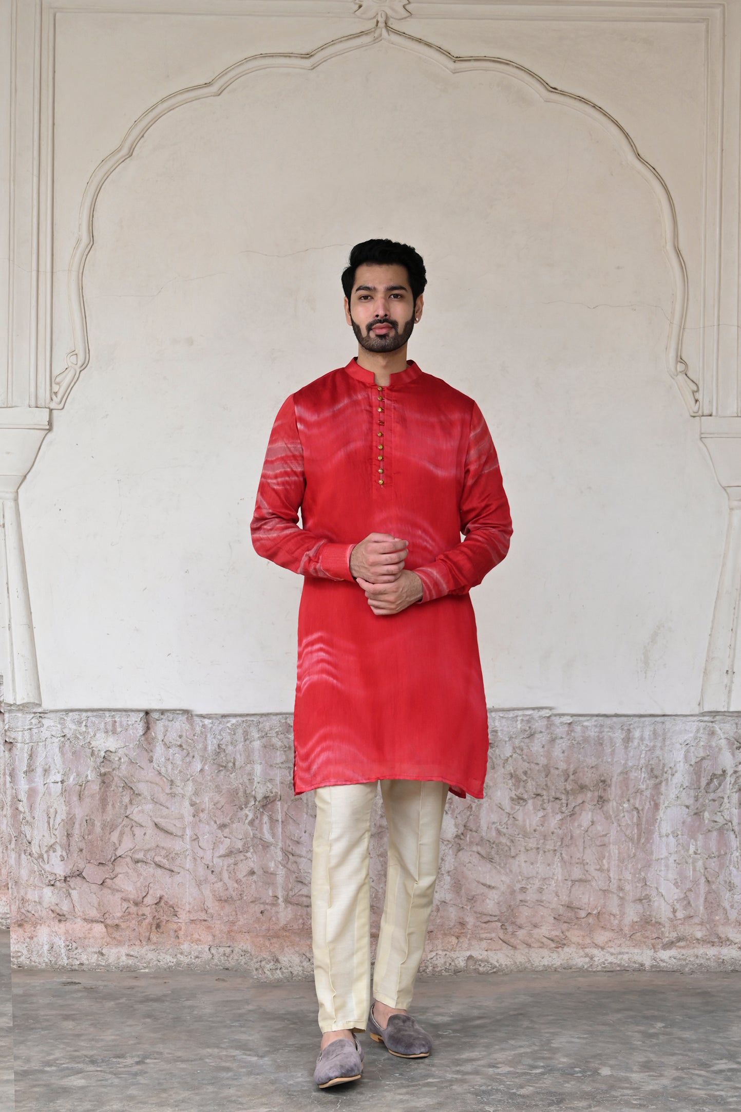 Chanderi silk red tie-dye kurta set for men online