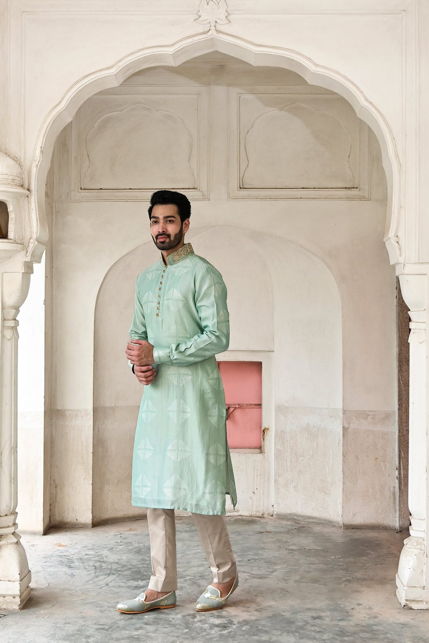 groom's stunning aqua green kurta set with zardozi work online
