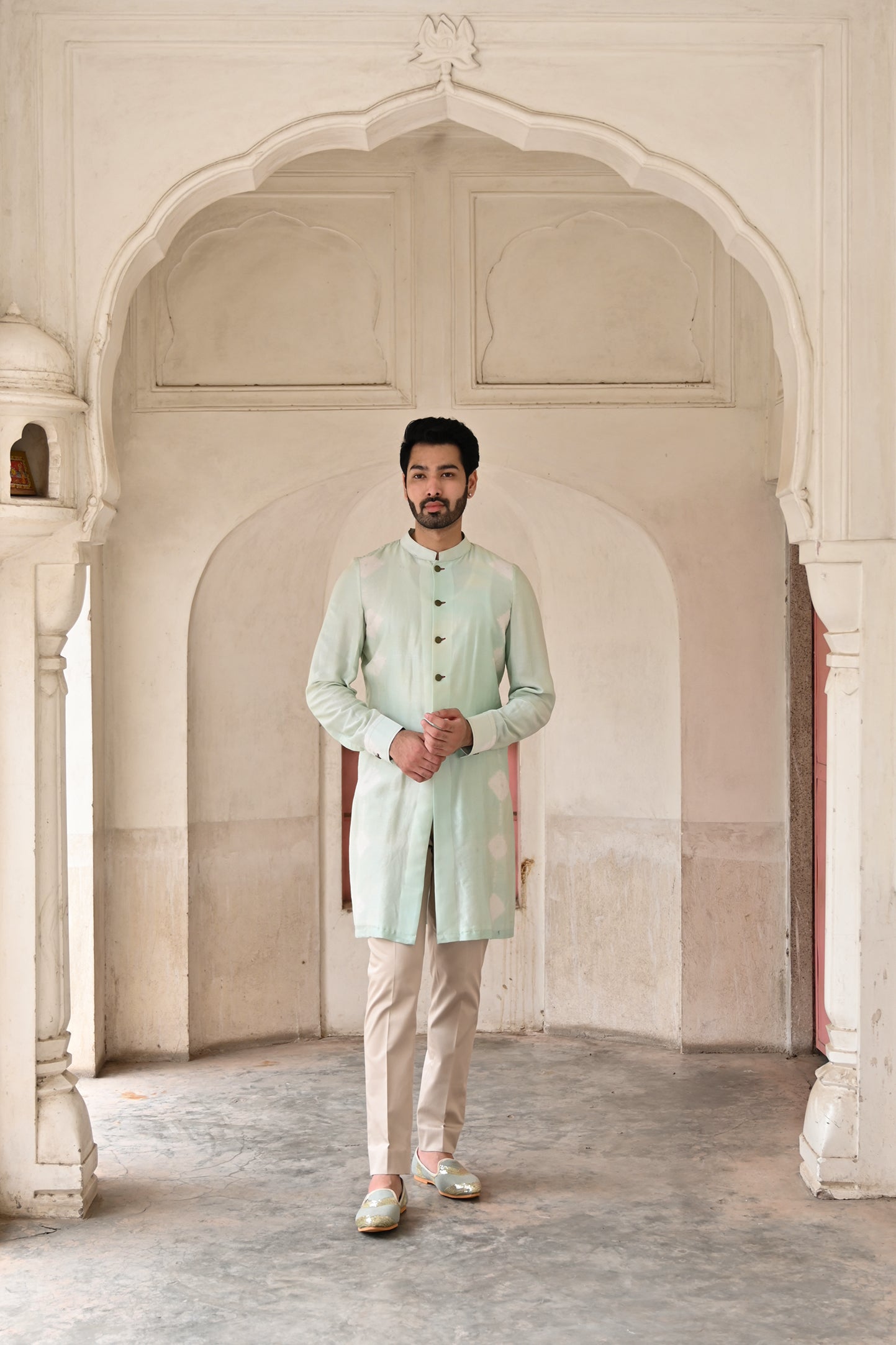 Icy blue designer kurta set for groom's wedding outfit