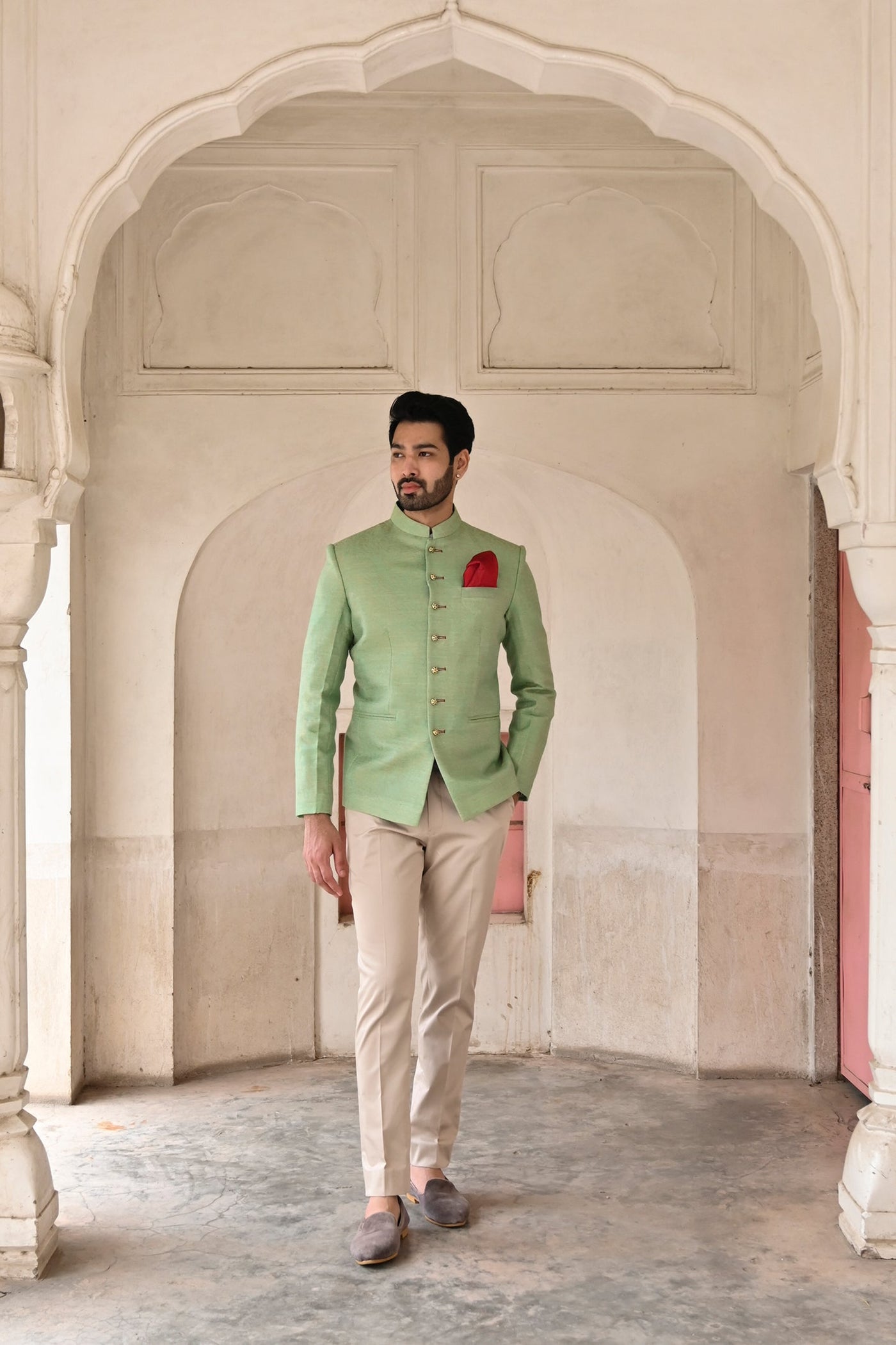 Buy designer pear green Bandhgala suit online