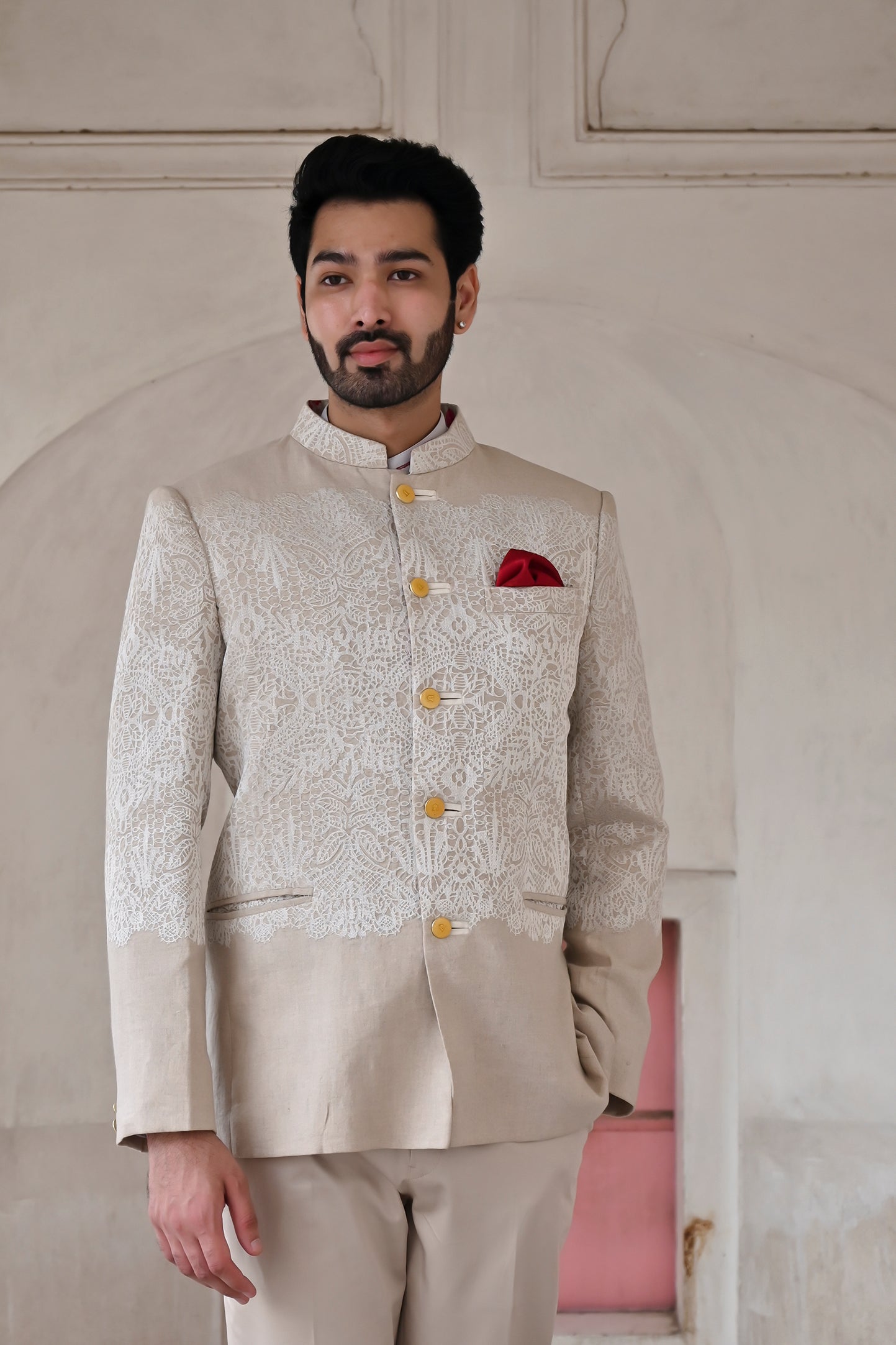 Beige Silk Groom Jodhpuri Suit Set