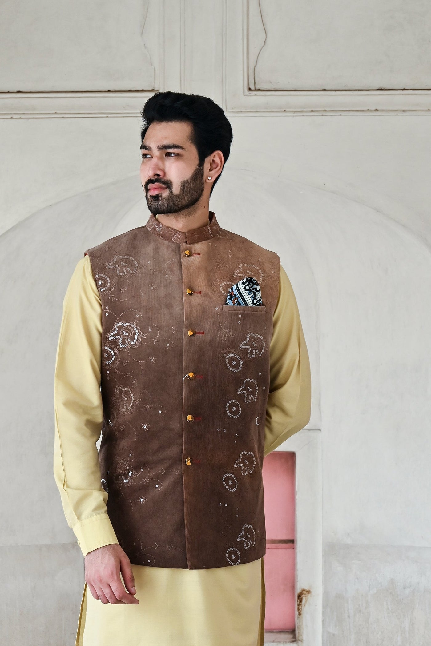 Wedding Nehru jacket in brown for men