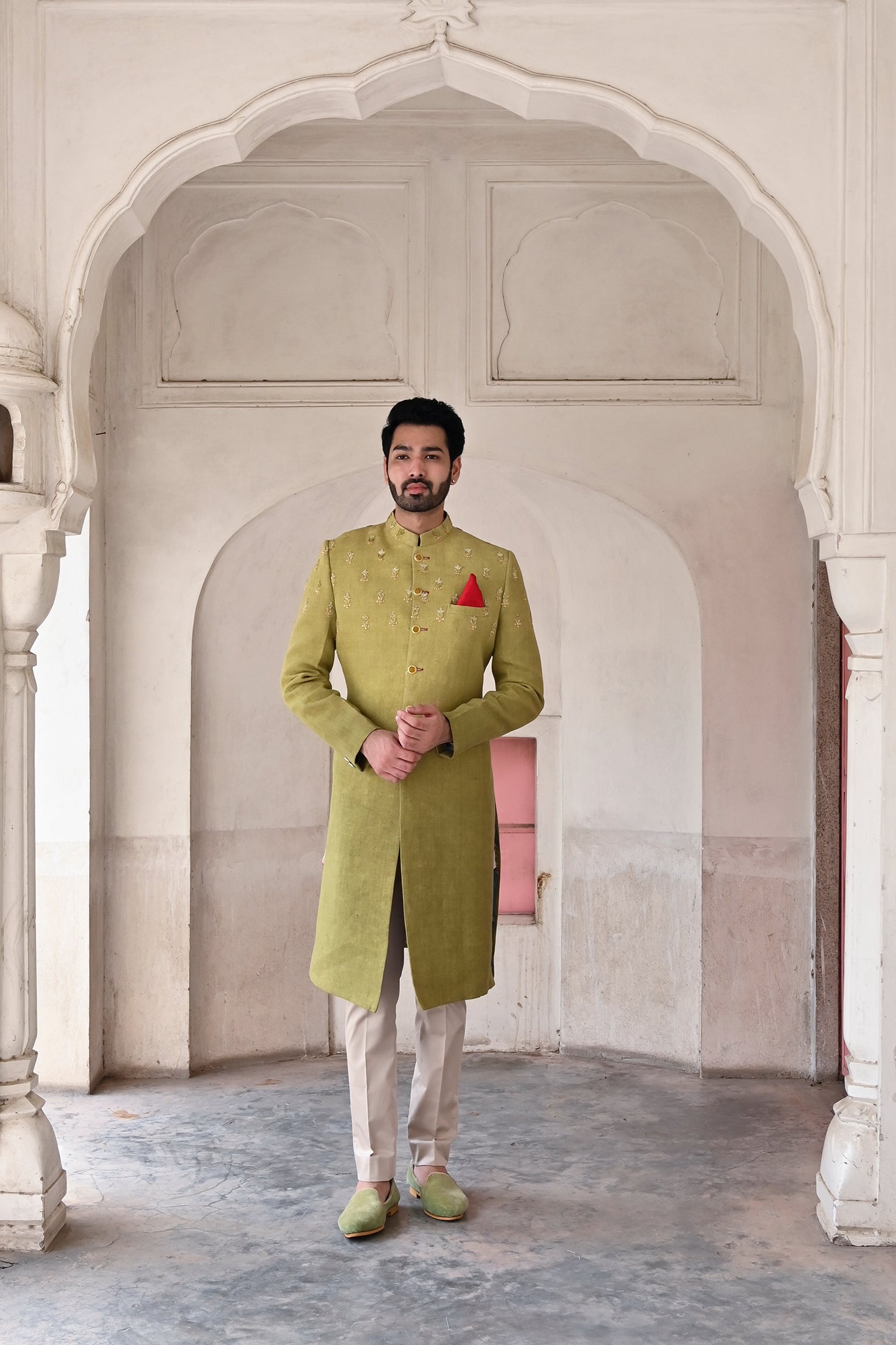 Luxury designer linen green sherwani for men
