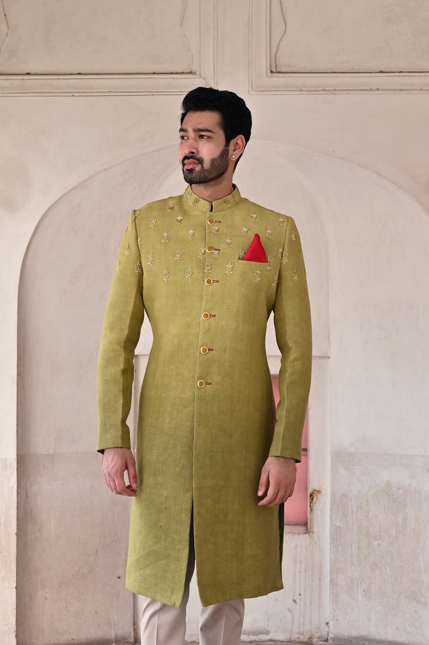 Green color wedding style sherwani for men