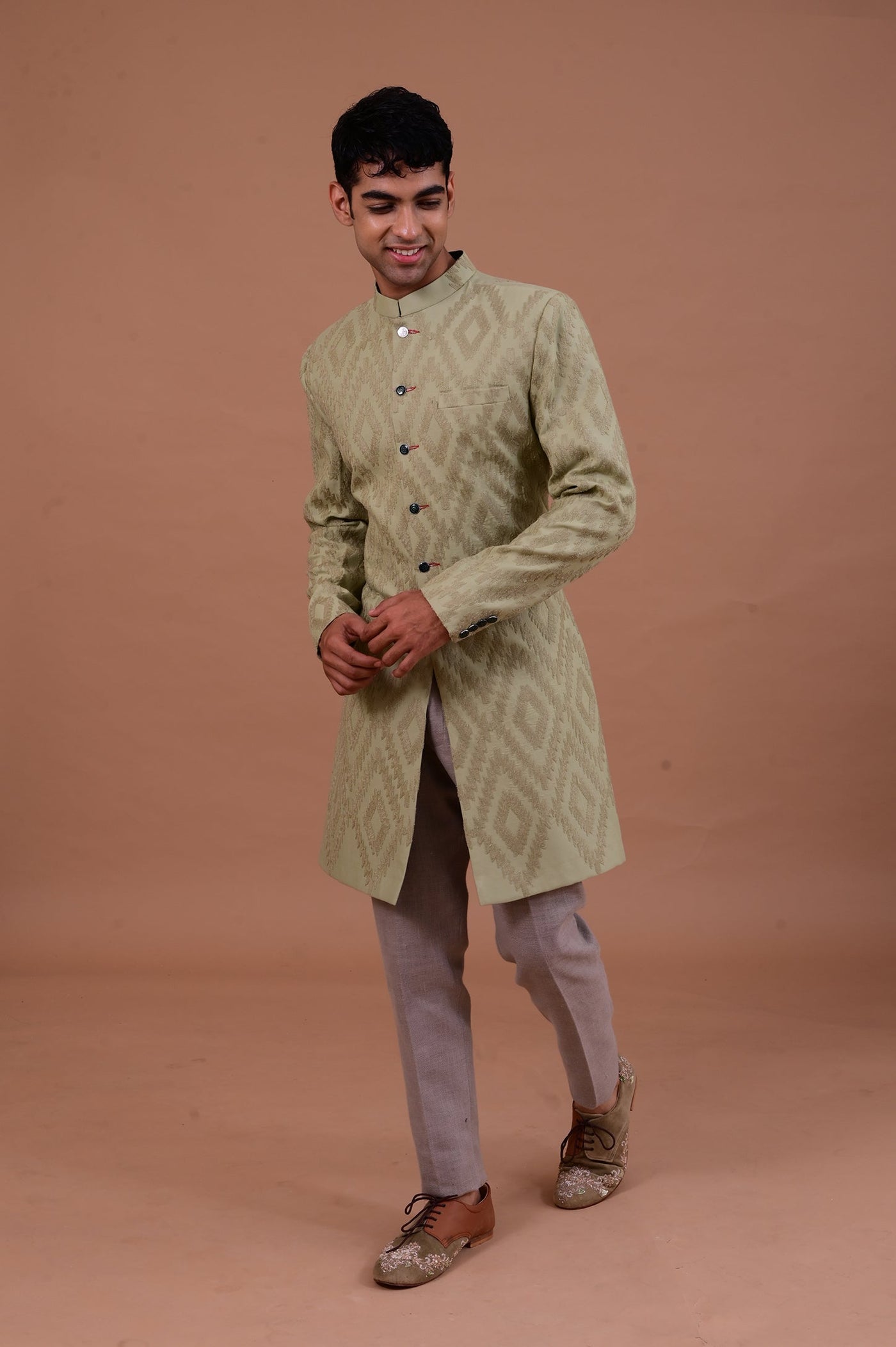 Purchase mehndi green Moda silk jacket set for men online