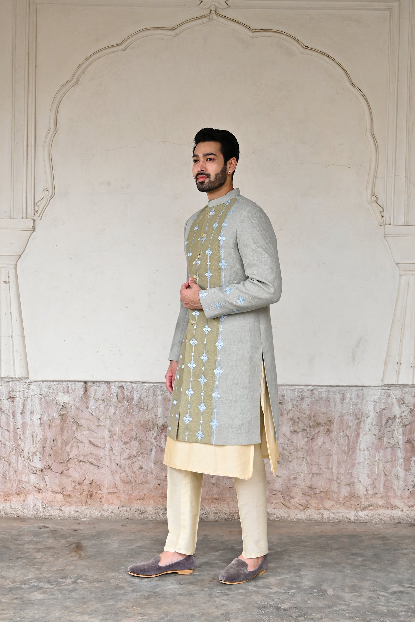 embroidered ice blue sherwani for groom online