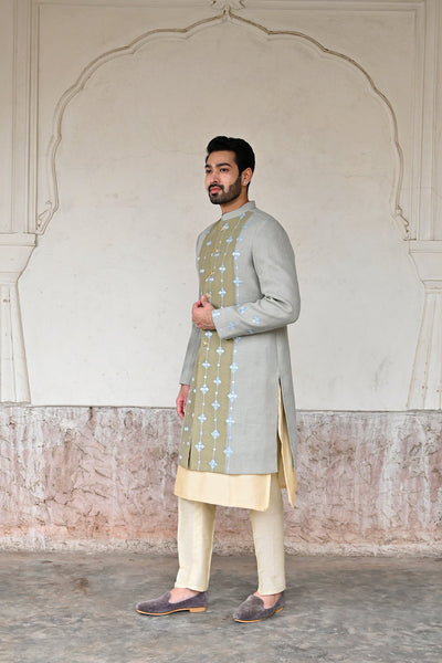embroidered ice blue sherwani for groom online