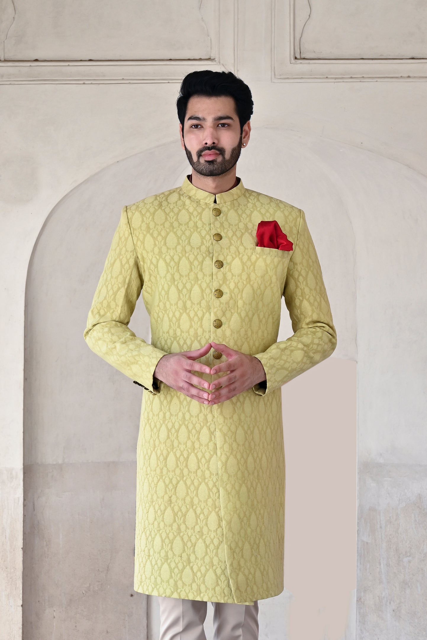 Designer cotton sherwani for groom in lime green