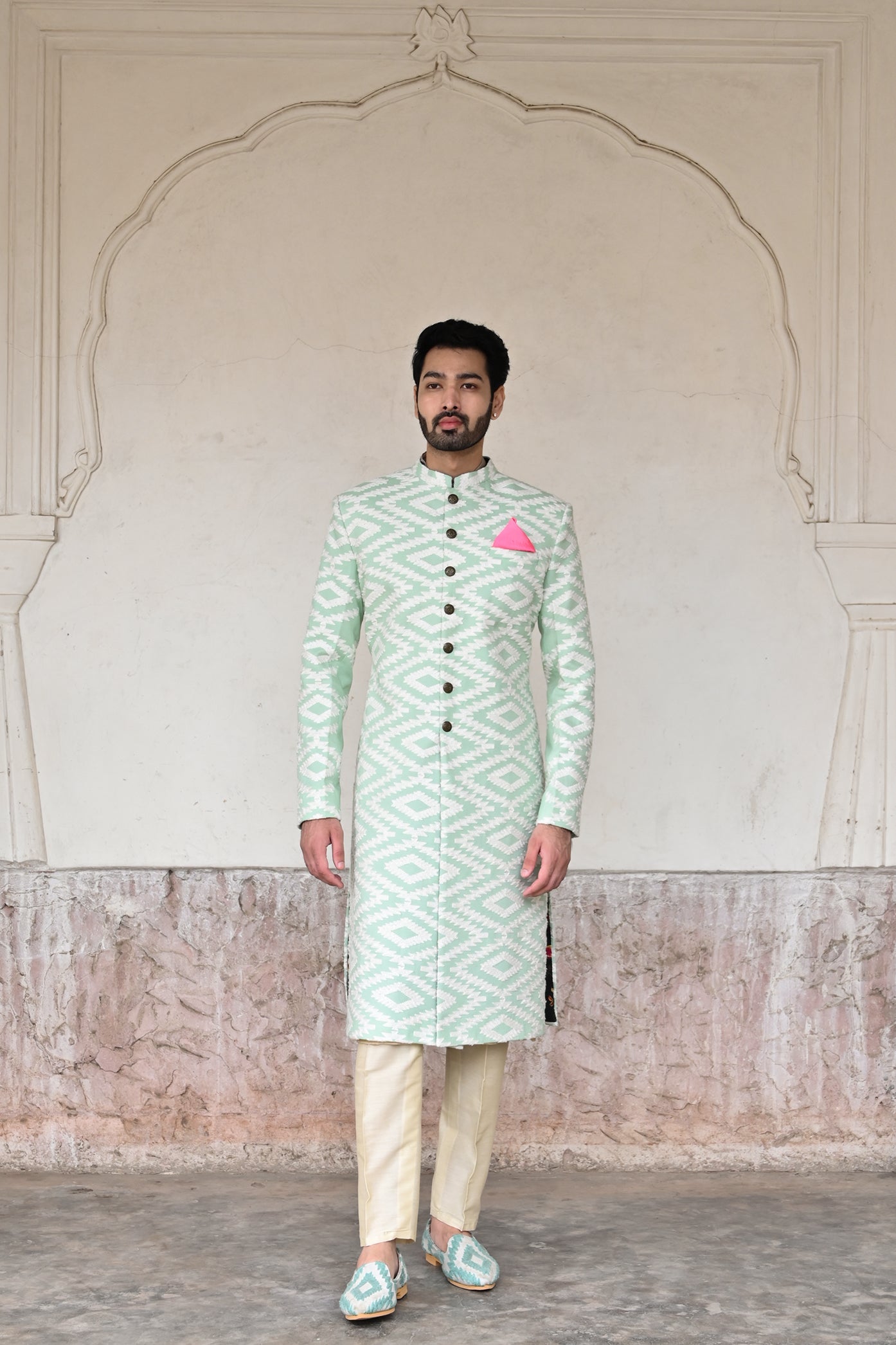 Aqua blue designer sherwani for groom