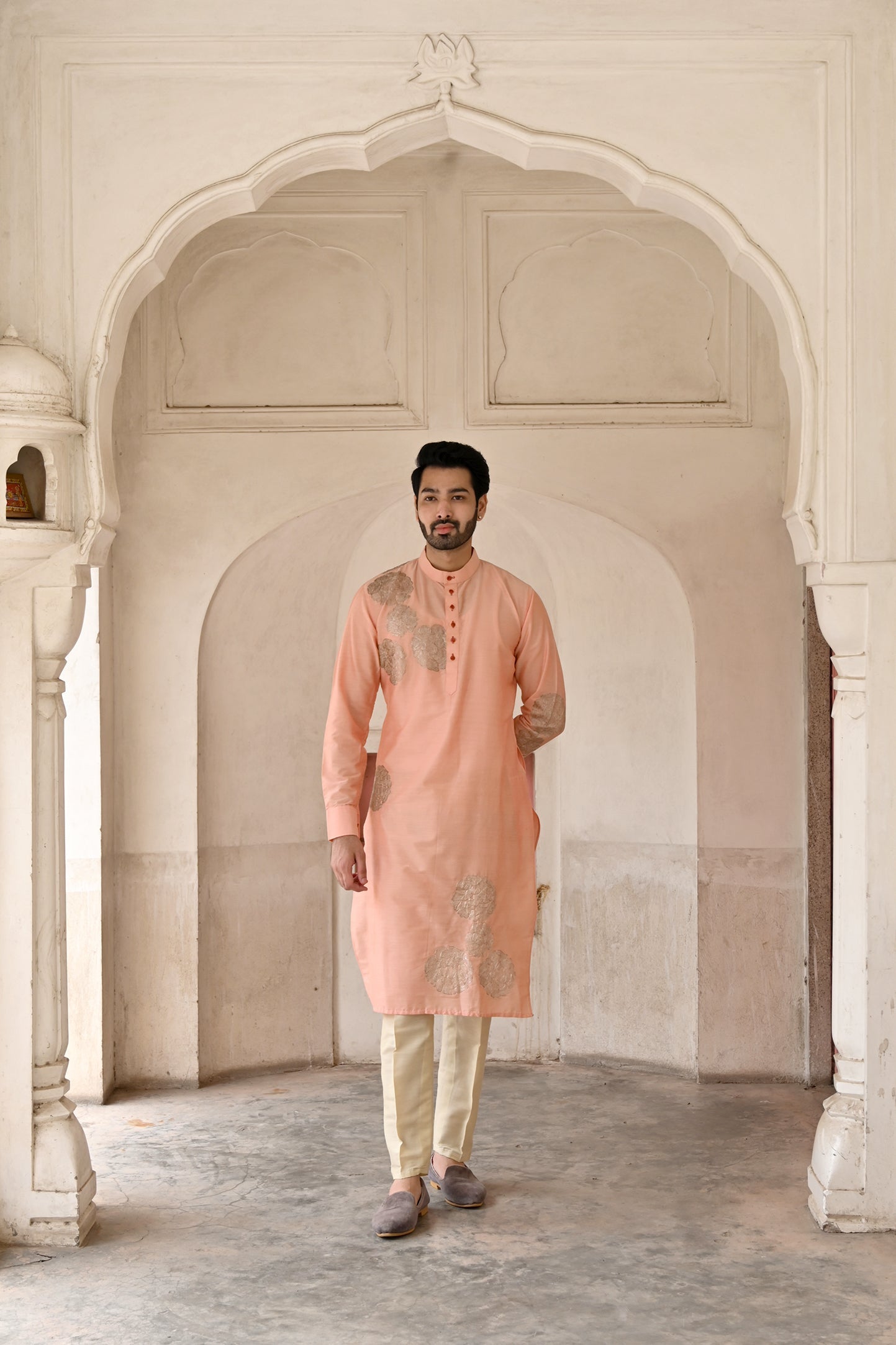 Designer pink dori pittan work men silk kurta set