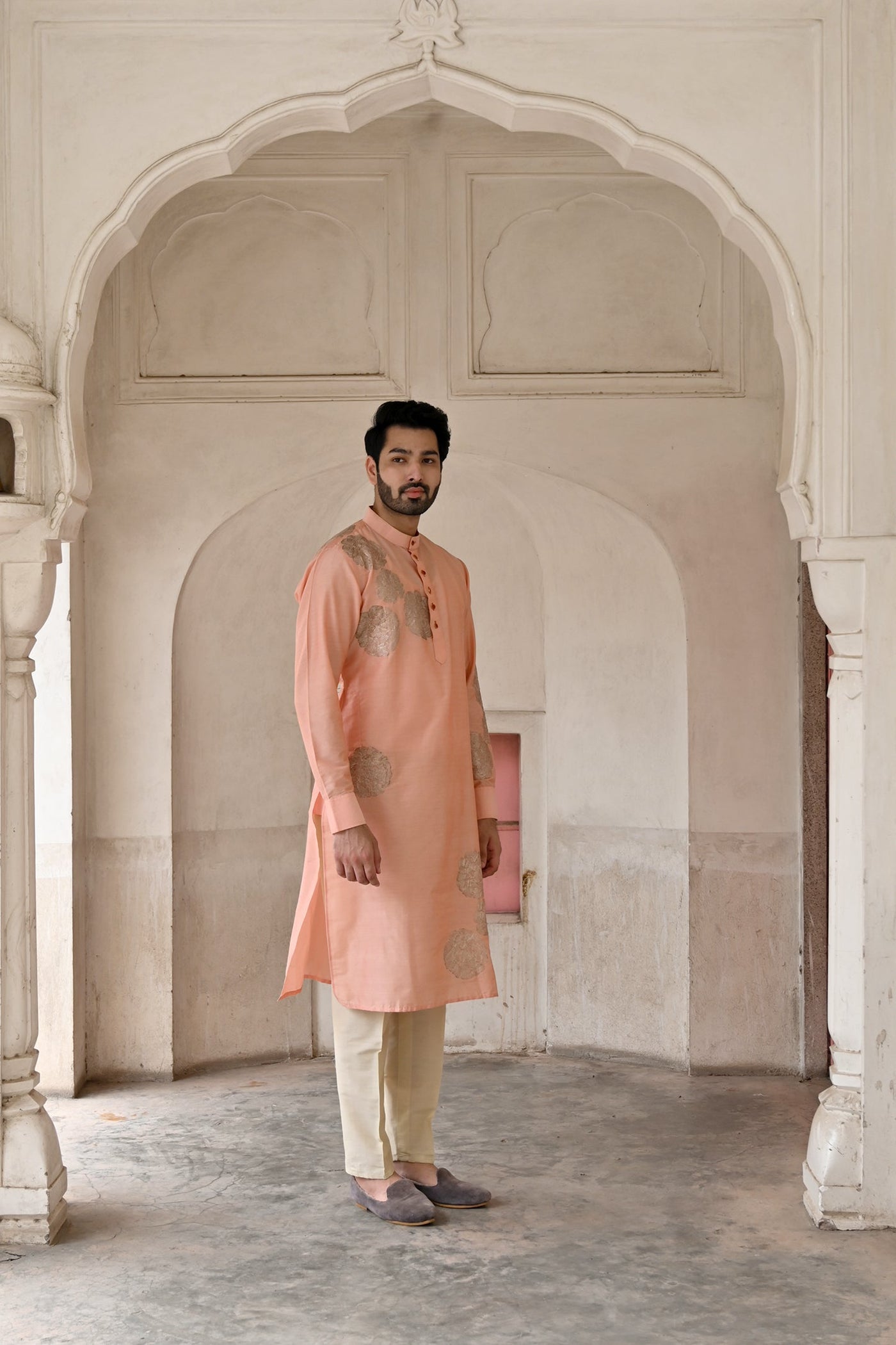 designer pink dori pittan work men silk kurta set online