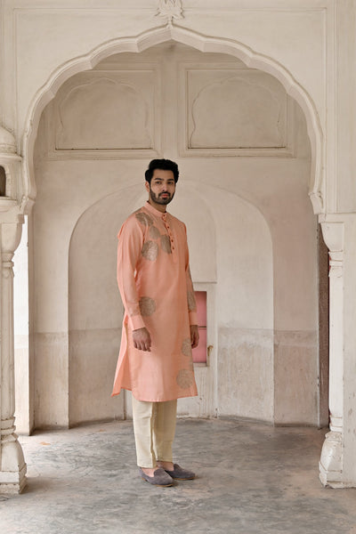 designer pink dori pittan work men silk kurta set online