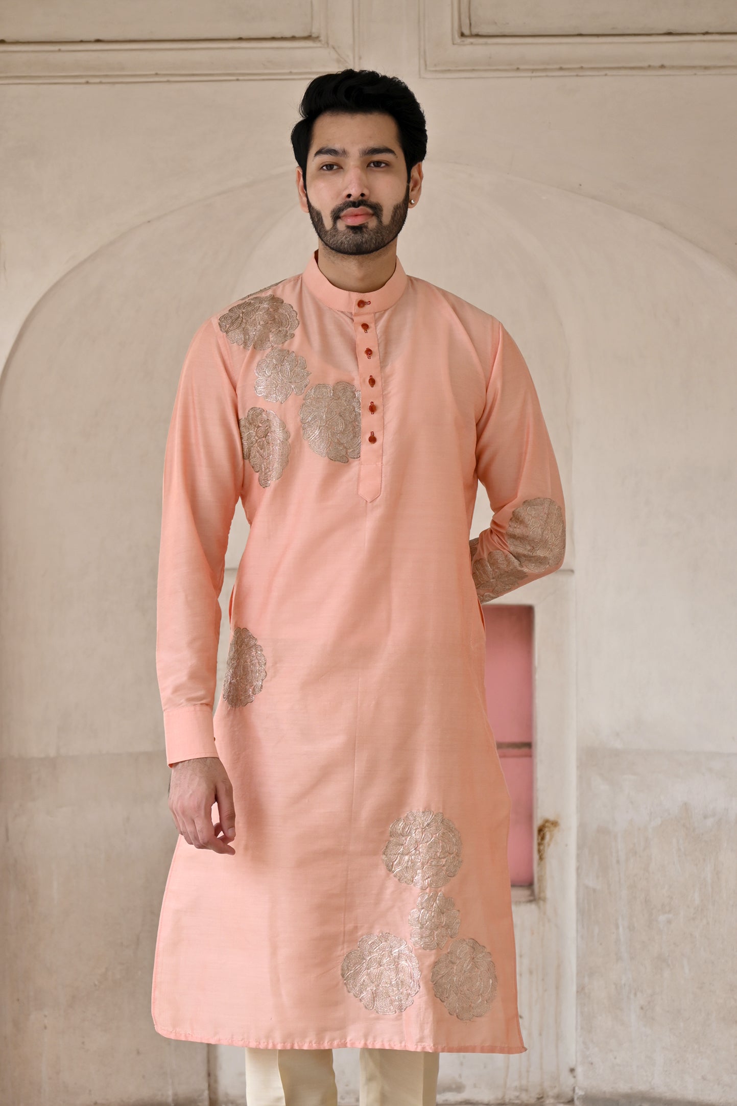 Online shopping for designer pink dori pittan work men silk kurta set