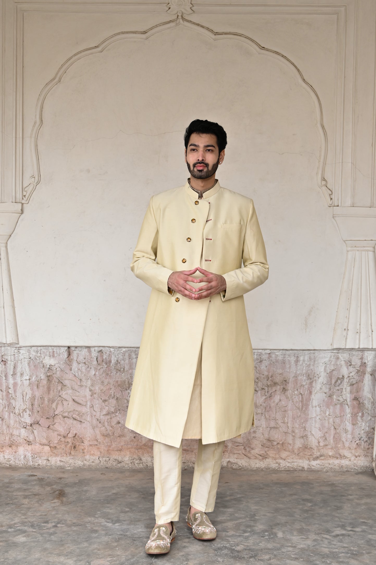 mandarin collar ivory designer sherwani for men online 