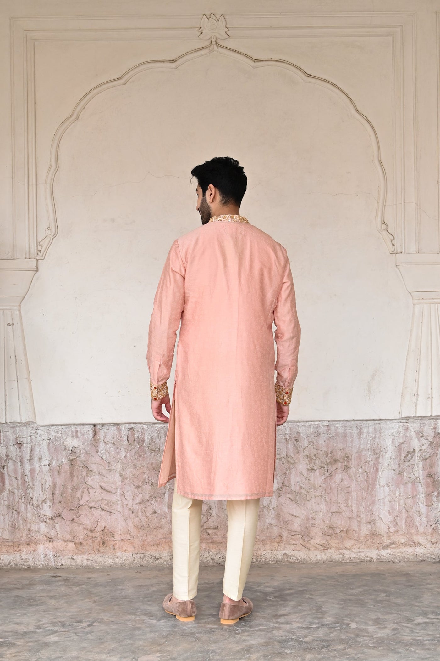 groom designer blush pink Banarasi silk kurta set