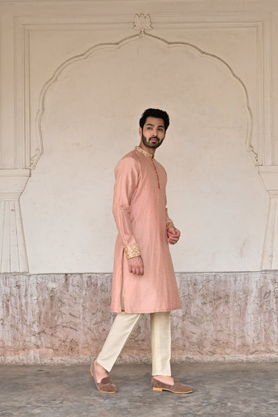 Trendy groom's kurta set in blush pink Banarasi silk
