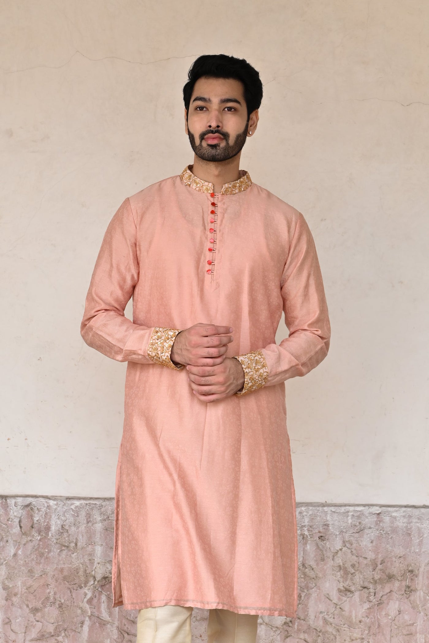 Groom designer blush pink Banarasi silk kurta set online