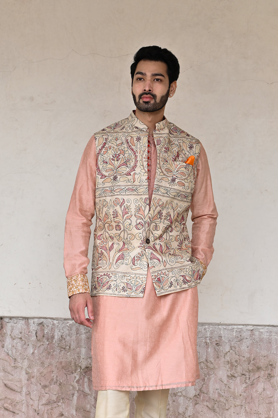 Shop online for groom's designer blush pink Banarasi silk kurta set