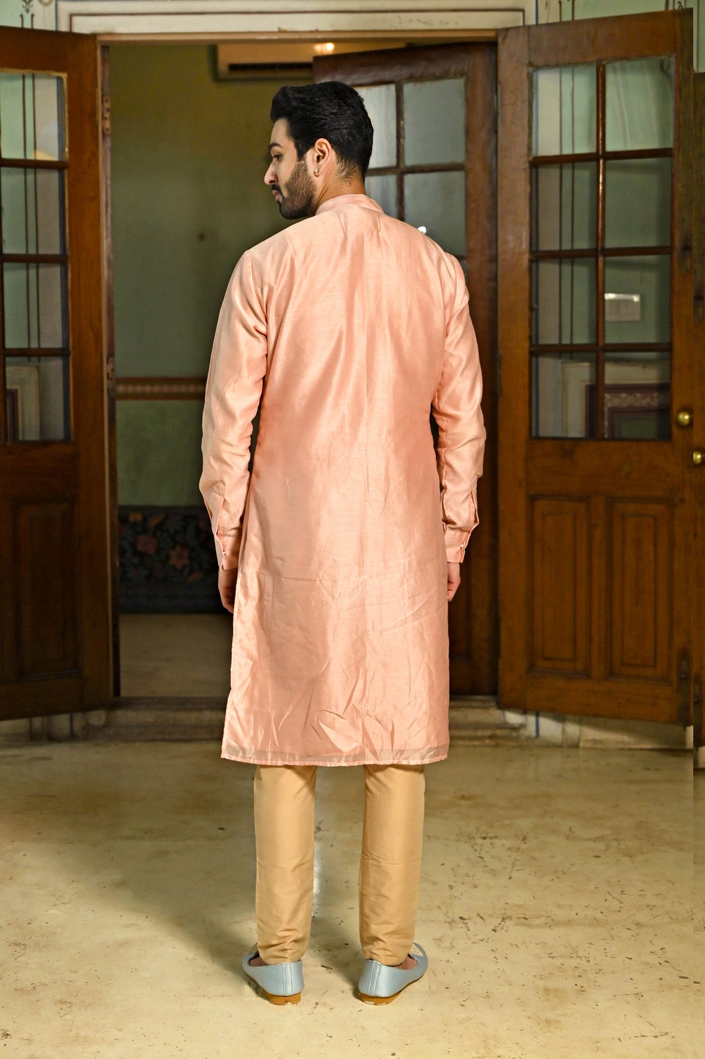 Blush pink Chanderi silk mens kurta online