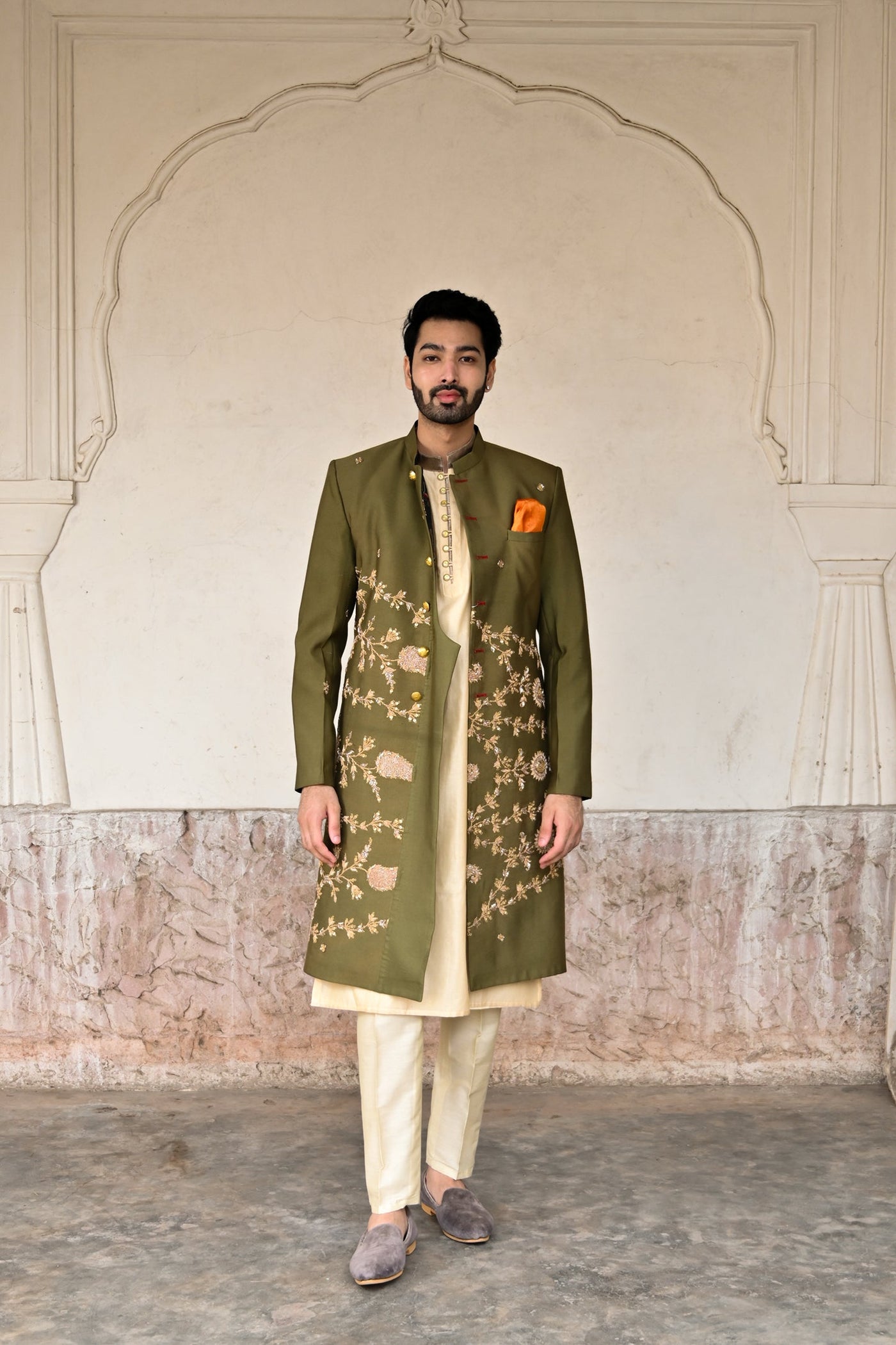 olive green indian designer sherwani set online