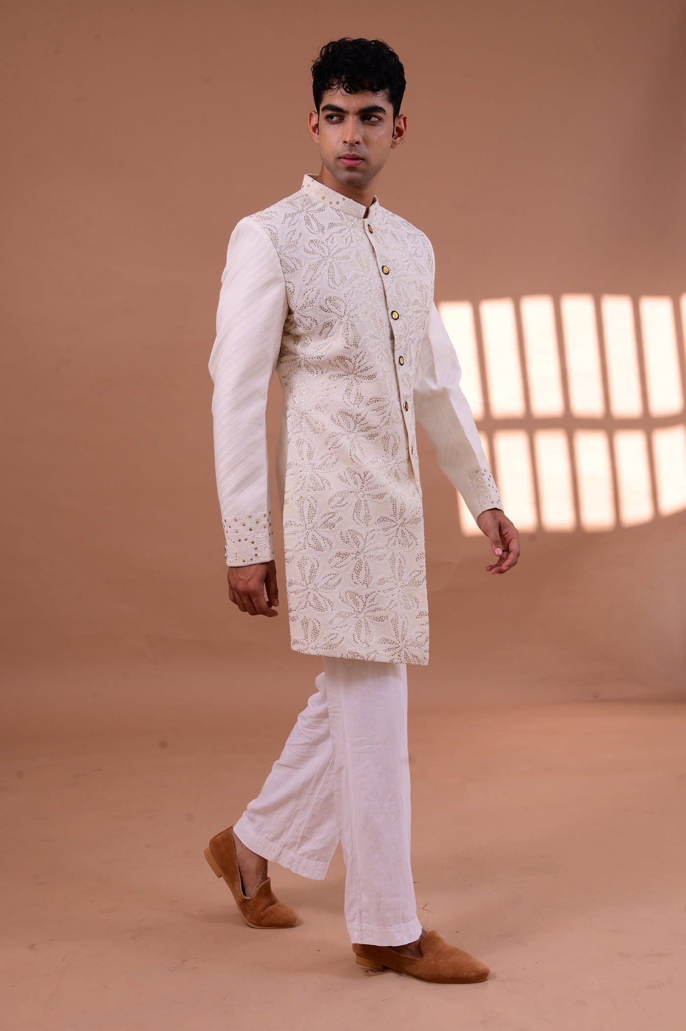 White and beige designer Bandhgala Jacket set for men